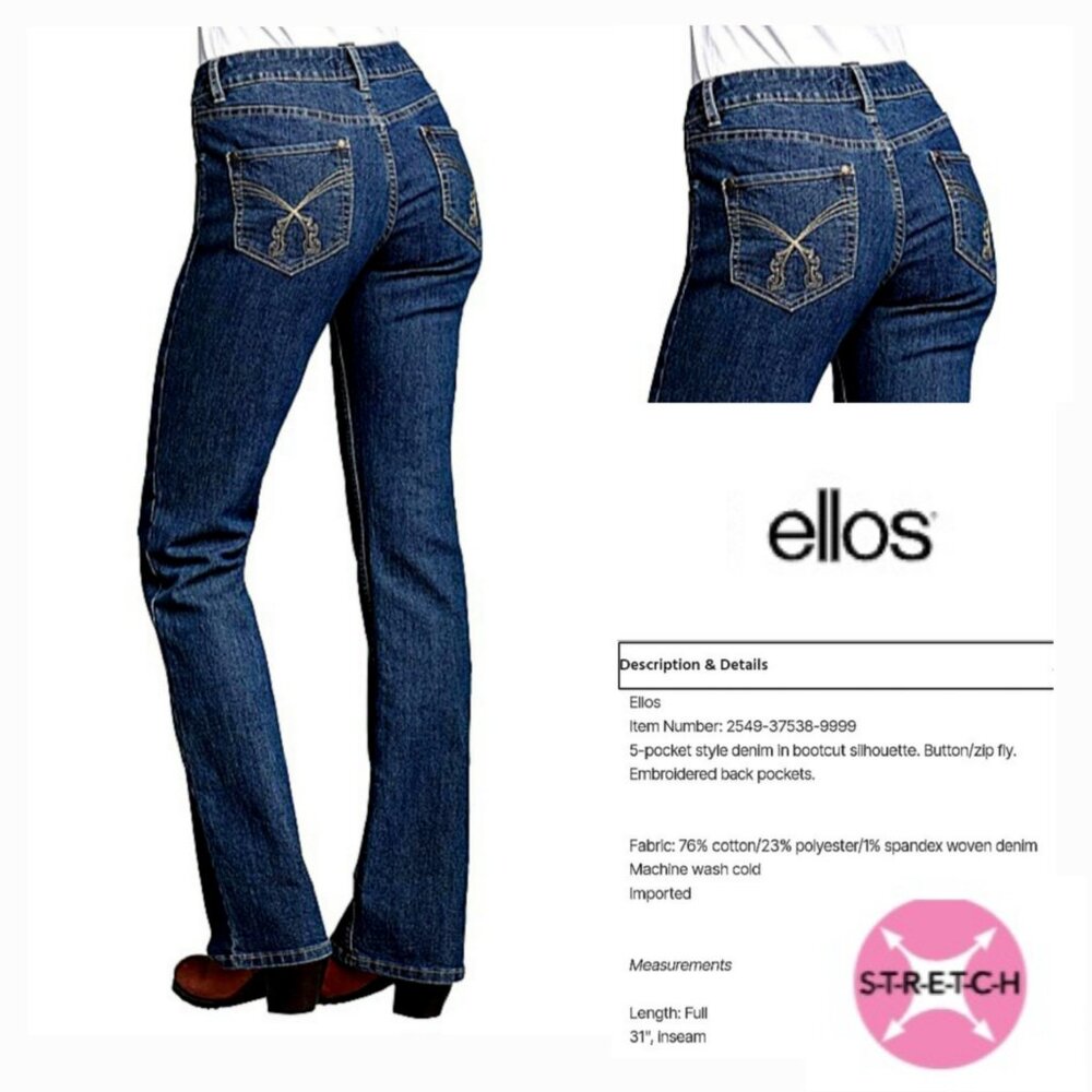 'ELLOS' BOOTCUT STONEWASH DENIM EMBROIDERED 5~POCKET JEANS SIZE 16 - Picture 15 of 16